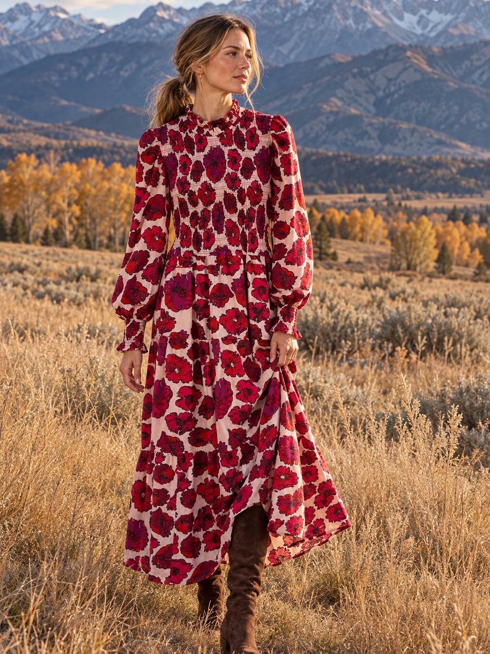 Ro’s Garden Guadalupe Floral Smocked Cotton Maxi Dress Red Pink Medium